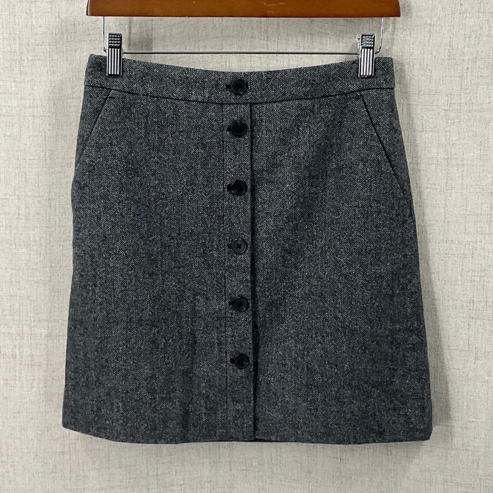 J.Crew Mini Skirt Women 0 Grey Wool Herringbone A-Line Pocket Preppy Tweed